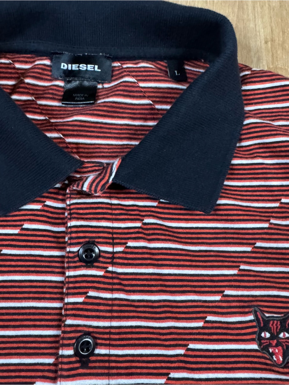 Diesel Mens Striped Black Cat Short Sleeve Polo Shirt Size Large - Picture 2 of 6
